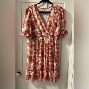 Max Studio Cream and Red Floral V-Neck Midi Dress